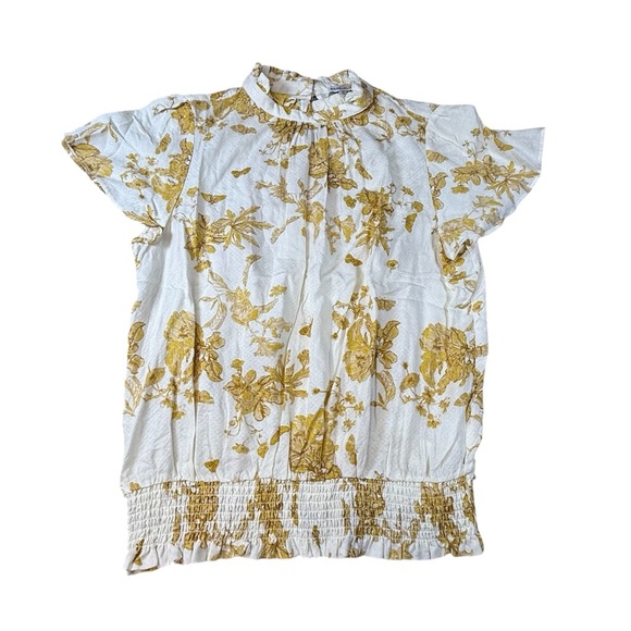 Rose + Olive Top Womens Size L White Gold Floral Flutter Sleeve Blouse Ruffle - Picture 1 of 3